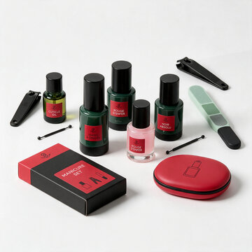 Modern manicure set flat lay with dark green nail polish bottles red labels black clippers cuticle pushers mint nail file red case and packaging box