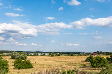 krajobraz szerokiej łąki panorama żółto zielonych terenów w zachodniej Polsce na tle błękitnego nieba lekkiego zachmurzenia i pojedynczych budynków © mbugajsky