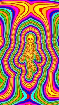 Seamless vertical video psychedelic walking skeleton painted style cartoon. Hypnotic Halloween background with wave with marker stroke effect 