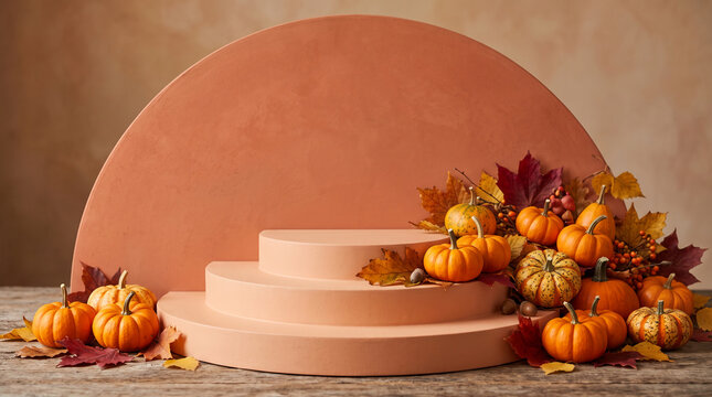 Terracotta tiered podium with pumpkins and autumn leaves, symbolizing harvest, festive decor, and seasonal display