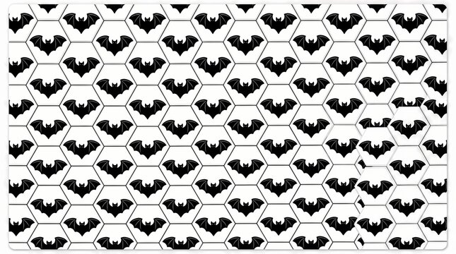 Halloween bat pattern on white background, black bats in geometric hexagon grid, spooky seamless texture for festive wrapping paper and textile design