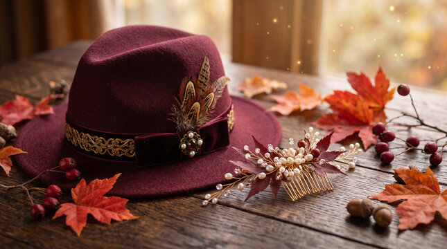 Burgundy hat with feather and pearl embellishments, surrounded by autumn leaves and berries on a wooden table, symbolizing fall fashion and elegance