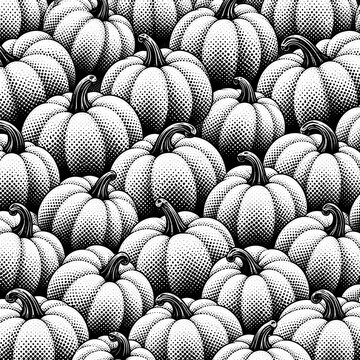 Vintage halftone pumpkin pattern, black and white retro engraving style background, autumn harvest and Halloween graphic design illustration