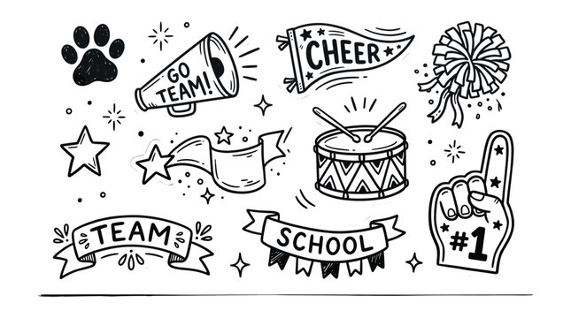 School spirit and cheerleading doodle set featuring megaphone, pom poms, drum, foam finger, and banners on white background