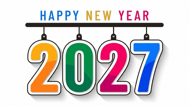A colorful Happy New Year 2027 graphic design featuring dangling, multi-colored numeral icons suspended from a horizontal bar, isolated on a clean white background for seasonal celebration.