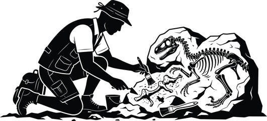 Obraz premium Paleontologist excavating a dinosaur skeleton from rock in black