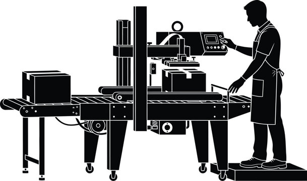 Worker operating a packaging machine with cardboard boxes on conveyor