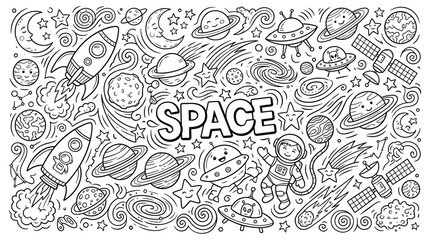Space themed doodle set with astronaut, rockets, planets, stars, and ufos in a black and white hand drawn style © Badhan