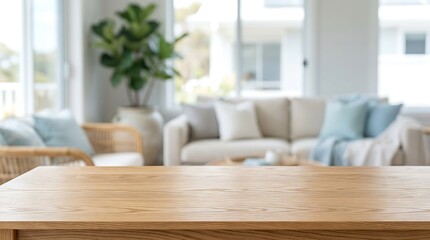 Fototapeta premium Wooden Table Top with Blurred Modern Living Room Background for Interior Design Product Mockup and Marketing Display