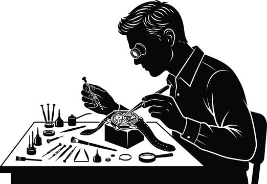 Watchmaker repairing a mechanical timepiece at a workbench