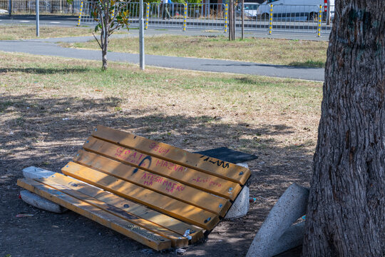 A vandalized and broken wooden park bench marked with graffiti lies collapsed on the ground next to a large tree trunk.