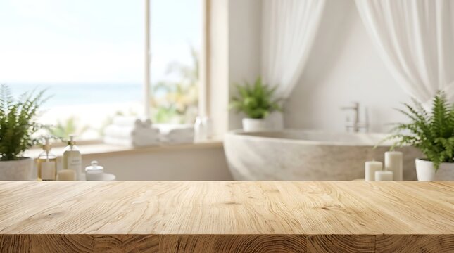 Empty wooden table podium for product display in luxury spa bathroom interior with blurred sea view window background.