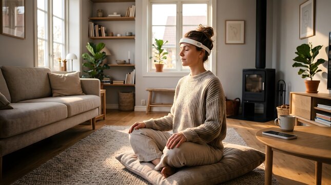 Young professional using a biofeedback headband for stress management and mindfulness in a bright living room. Concept for workplace wellness, mental health, and smart self-care.