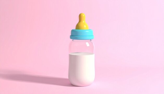Baby Milk Bottle with Nipple on Pastel Pink Background 3D Render