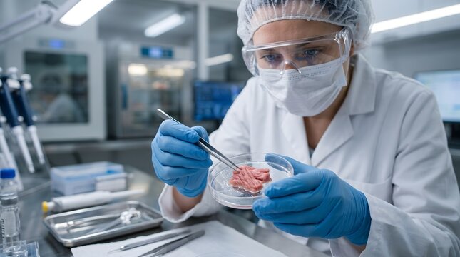 Biotechnology scientist examining cultured lab-grown meat in a sterile laboratory. Concept for cellular agriculture, future food security, alternative protein, and biotechnology.