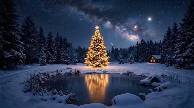 Magical winter landscape at night with a glowing christmas tree, starry sky with the milky way, snowcovered forest, and a frozen pond reflection