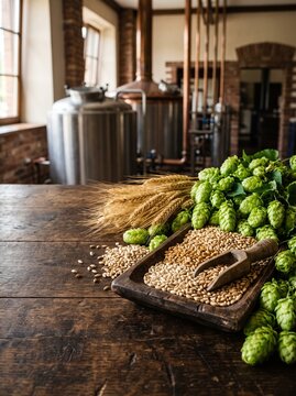 Artisanal Beer Production Raw Materials Featuring Wooden Scoop filled with Barley Grain, Fresh Hop Cones, and Wheat Ears in Distillery Interior