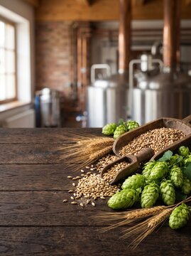 Brewery Ingredients for Craft Ale including Malting Barley in Wooden Trough, Green Hop Cones, and Wheat Ears on Wooden Counter by Copper Tanks