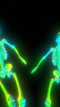 Seamless vertical video of salsa dancing skeletons. Funny halloween background with neon fluorescent effect for parties and events.