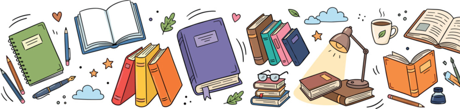 Cute hand drawn book border vector illustration banner design featuring open books stacks stationery items and desk lamp