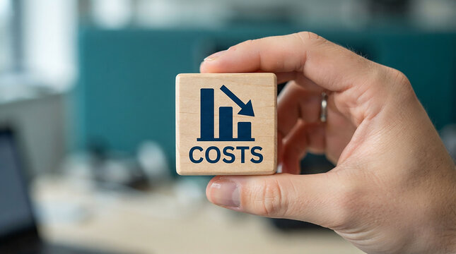 Reducing Costs Cube: A hand holds a wooden cube with a graph indicating a downward trend and the word COSTS printed on it, symbolizing cost reduction and financial efficiency.