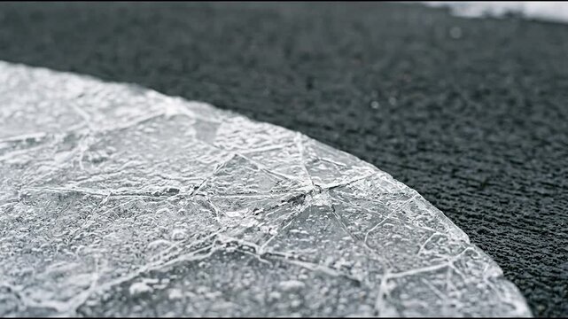 Translucent ice crust coating grooved asphalt pavement with brittle hairline cracks and thin refrozen slush film across the runway