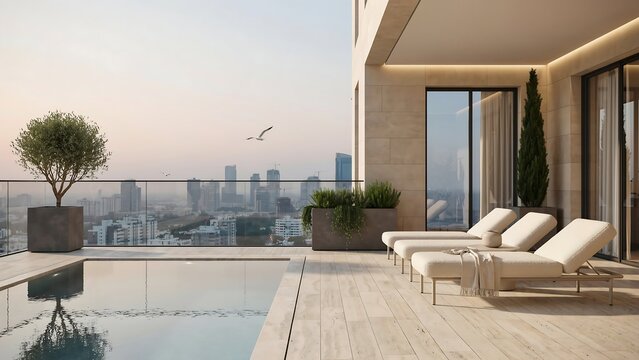 Luxury rooftop pool terrace with stunning cityscape views at sunset overlooking urban skyline