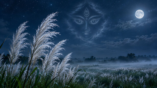Starry moonlit sky above misty kans grass field with goddess durga face emerging from clouds for durga puja and mahalaya devotional celebration