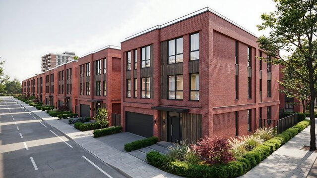 Modern residential red brick townhouses on a city street with landscaping