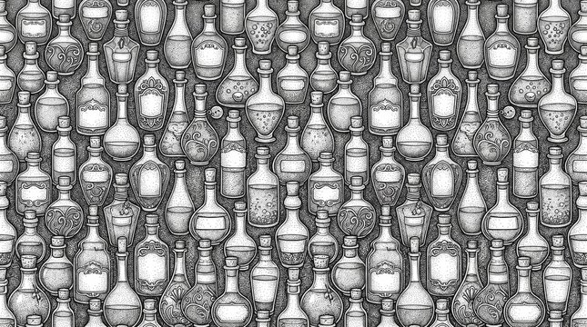 Vintage alchemy potion bottles seamless pattern, monochrome hand drawn sketch style background, magic apothecary vials wallpaper