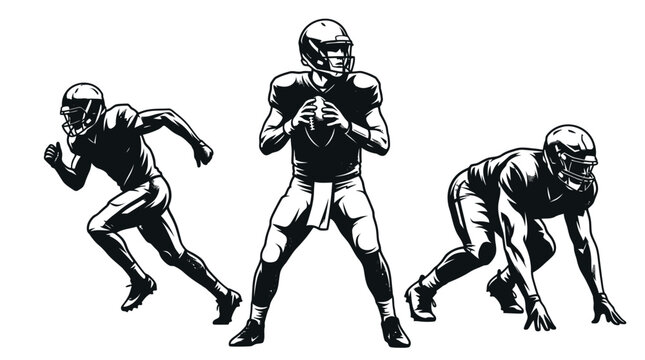 American football players in various action poses featuring a running receiver, a focused quarterback and a crouched defensive line athlete