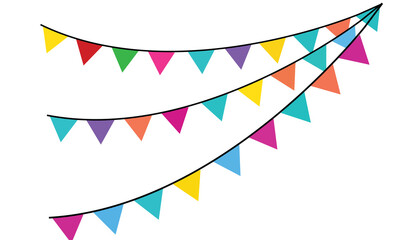 Fototapeta premium Colorful party bunting flags hanging on strings, festive decorative pennants for celebrations, holidays, birthdays, and events isolated on transparent background