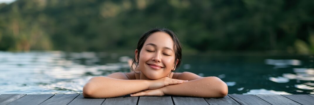 Smiling woman relaxing in pool at tropical resort edge with eyes closed for wellness background and spa banner