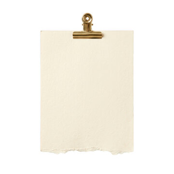 Blank textured paper sheet held by a gold metal binder clip isolated on transparent background