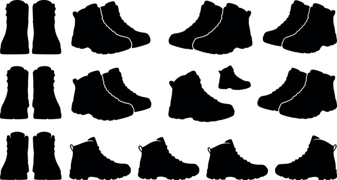 Outdoor hiking boots vector silhouette set featuring winter snow shoes and tactical combat footwear for camping graphics,