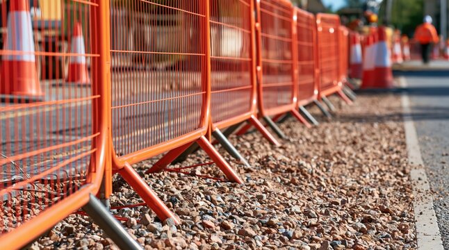 Row of orange metal safety barriers on gravel surface at construction site