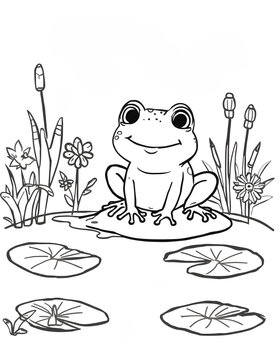 Cute Frog Sitting by a Peaceful Lily Pond Coloring Page