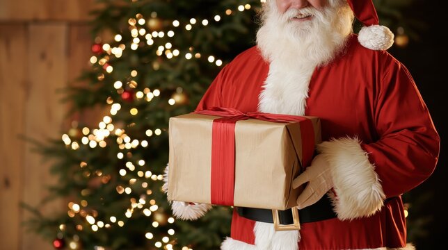Santa Claus holding wrapped gift in front of Christmas tree