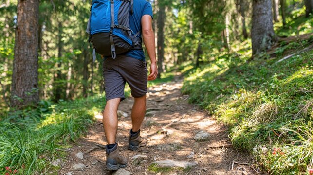 Hiker walking on rocky forest path with blue backpack