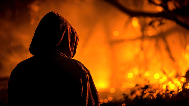 Person in a hood stands near the bonfire with glowing flames and bokeh lights, perfect for Guy Fawkes Night posters, event ads, festive banners, blog visuals, and holiday promotions.