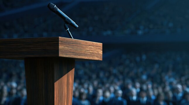 Wooden lectern with microphone before large audience in auditorium