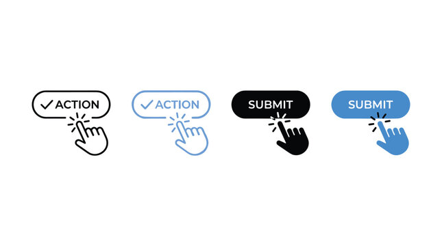 Four action and submit buttons with checkmarks and cursor black and blue styles on a white background, set