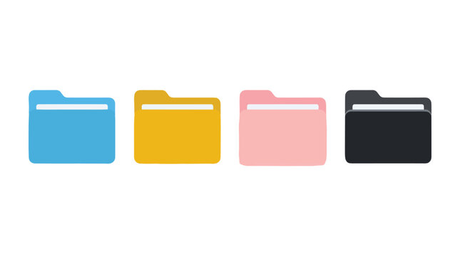 Four colorful folder in blue, yellow, pink, and dark grey, flat style for file management on a white background