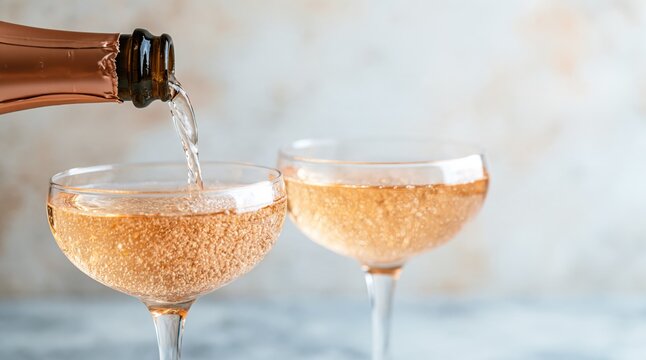 Bottle pouring rose sparkling wine into two coupe glasses