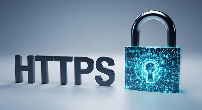 HTTPS secure protocol concept with digital padlock, encrypted web browsing security, 3D rendering of internet safety and data protection