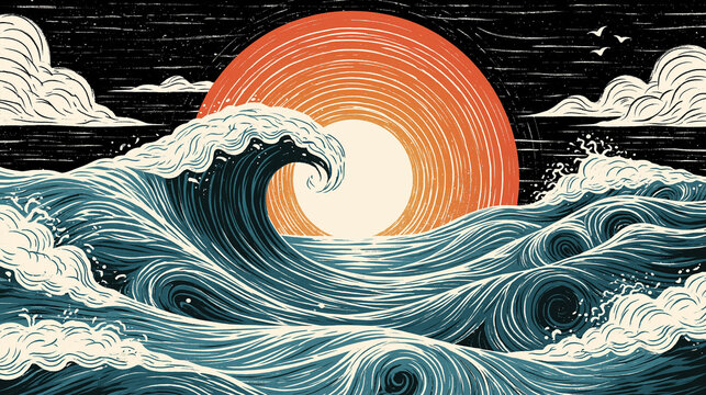 Stylized ocean waves crashing against a large rising sun in woodcut style