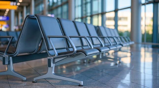 Empty airport chairs in waiting area with large windows in background
