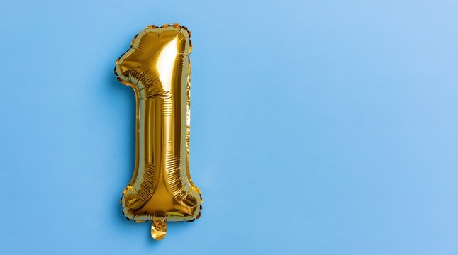 Golden number one balloon on blue background