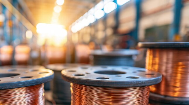 Copper wire on large spools in industrial factory