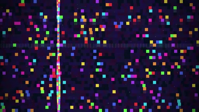 Abstract digital glitch background with colorful flickering pixels and static noise on dark screen